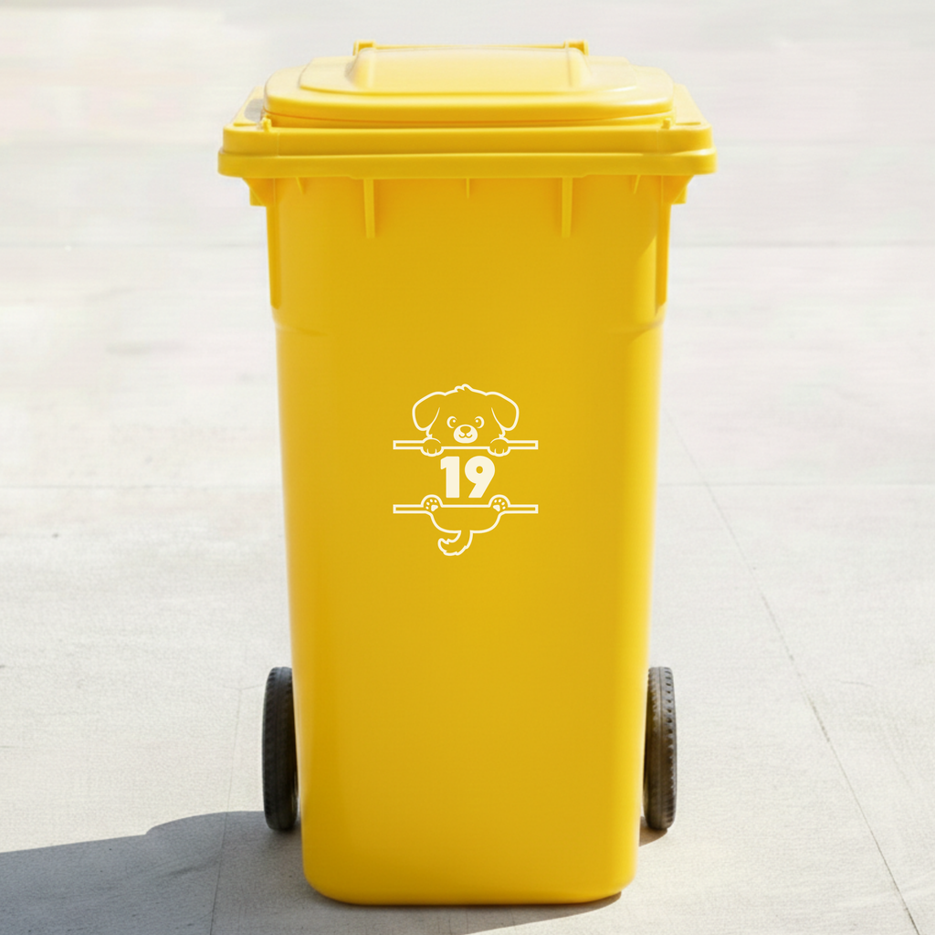 Peeking Dog Bin Decal Sticker with Personalised House Number