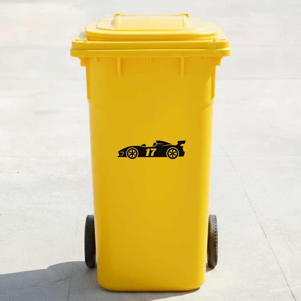 Racing Car Bin Decal Sticker with Personalised House Number