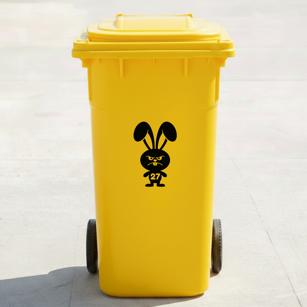 Angry Rabbit Bin Decal Sticker with Personalised House Number