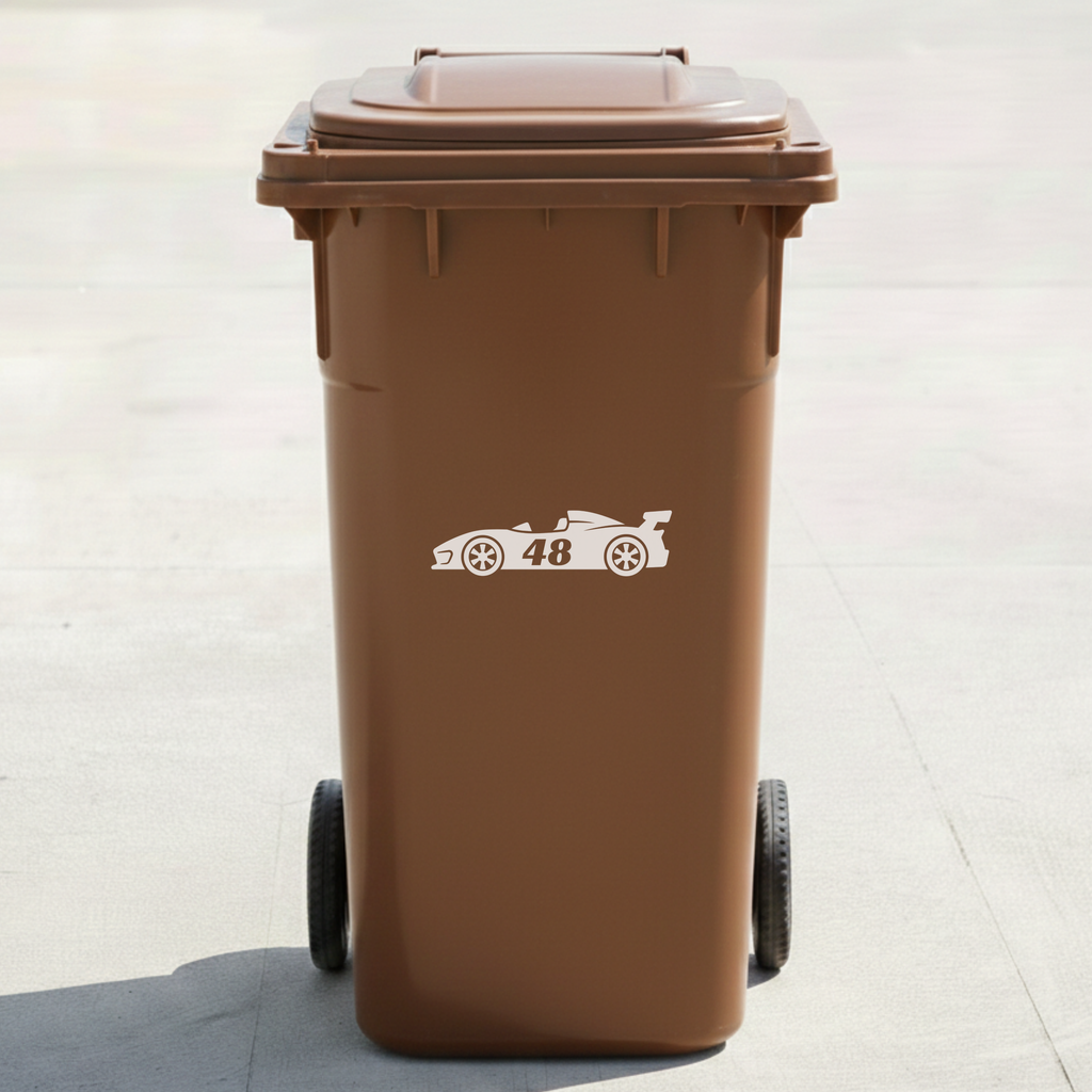 Racing Car Bin Decal Sticker with Personalised House Number