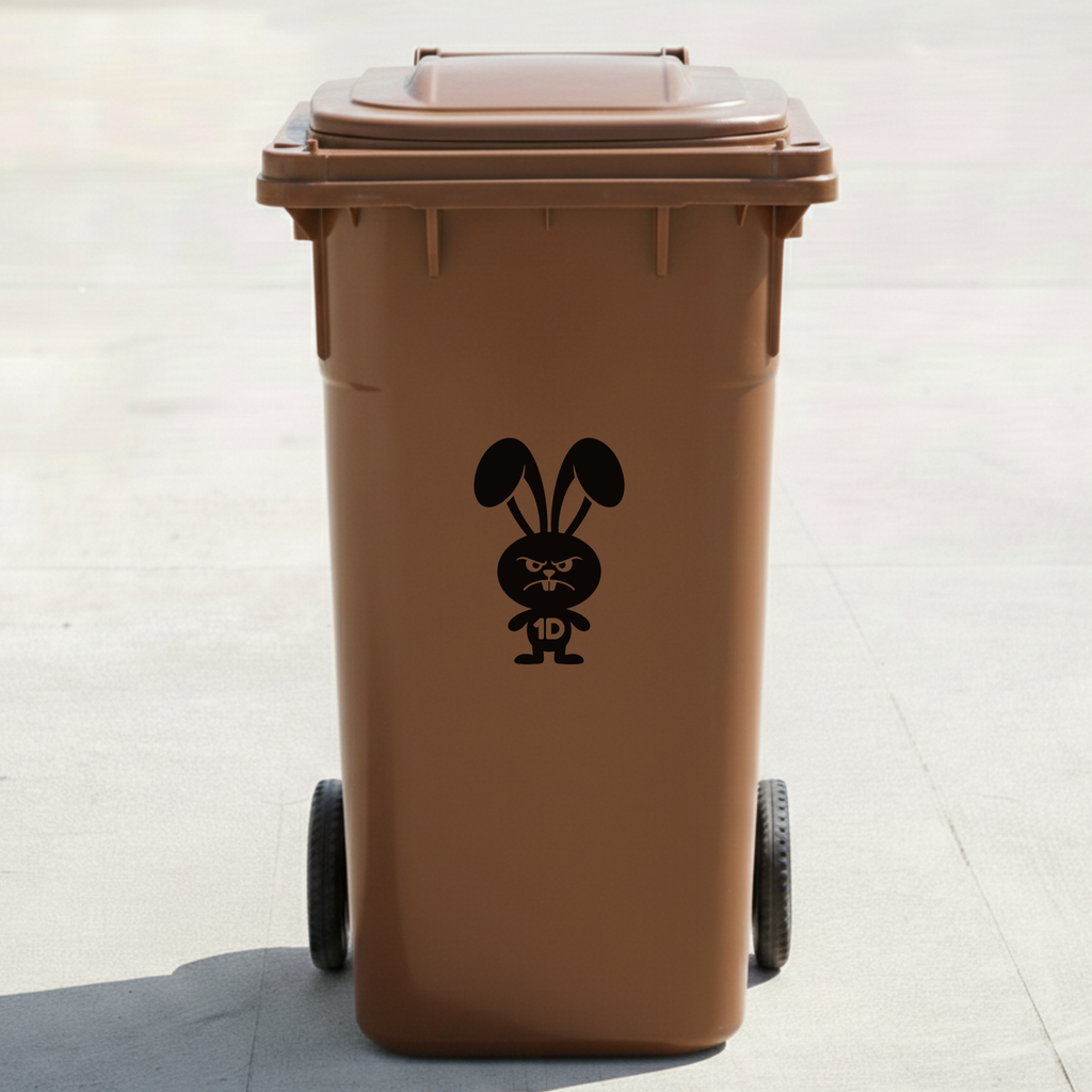 Angry Rabbit Bin Decal Sticker with Personalised House Number