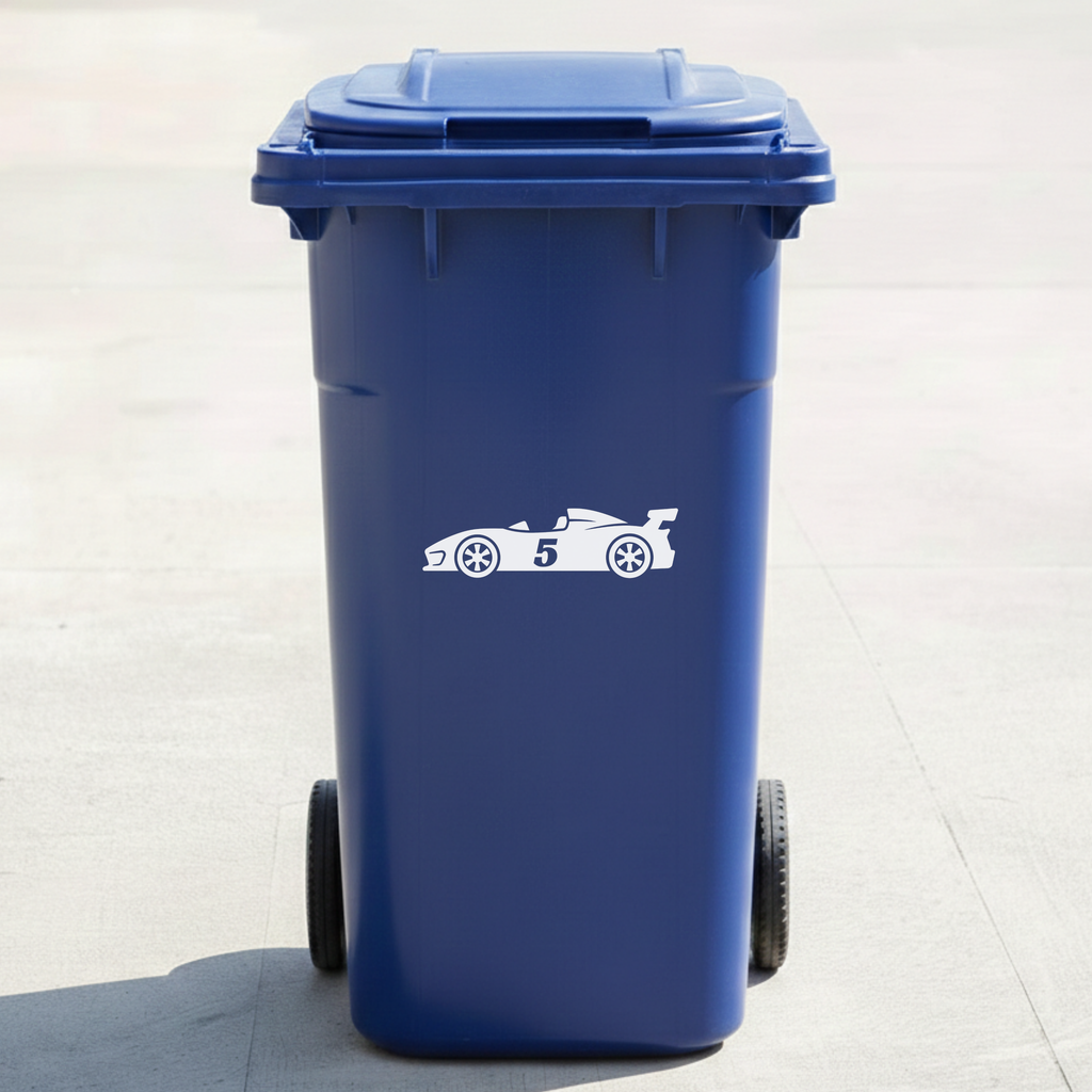 Racing Car Bin Decal Sticker with Personalised House Number