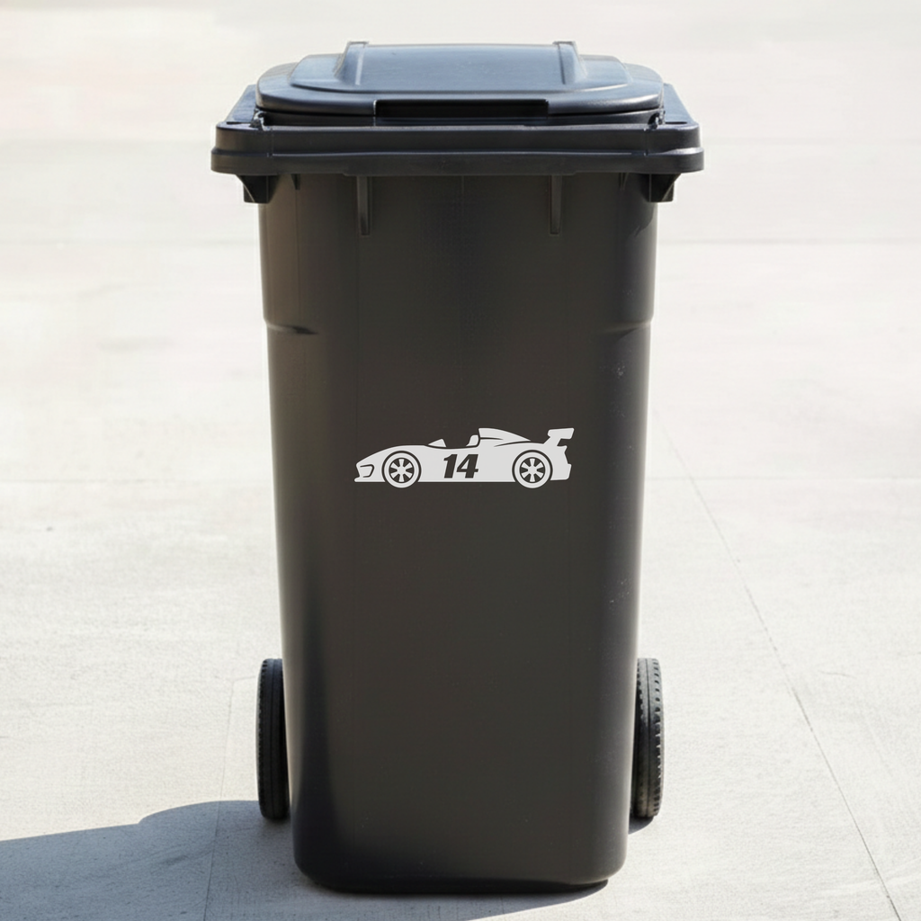 Racing Car Bin Decal Sticker with Personalised House Number