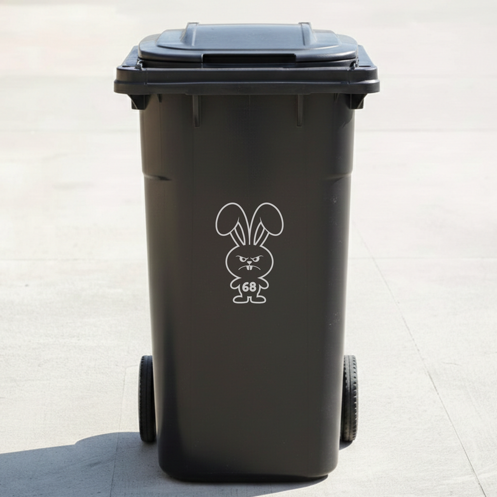 Angry Rabbit Bin Decal Sticker with Personalised House Number