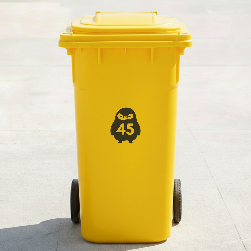 Angry Penguin Bin Decal Sticker with Personalised House Number