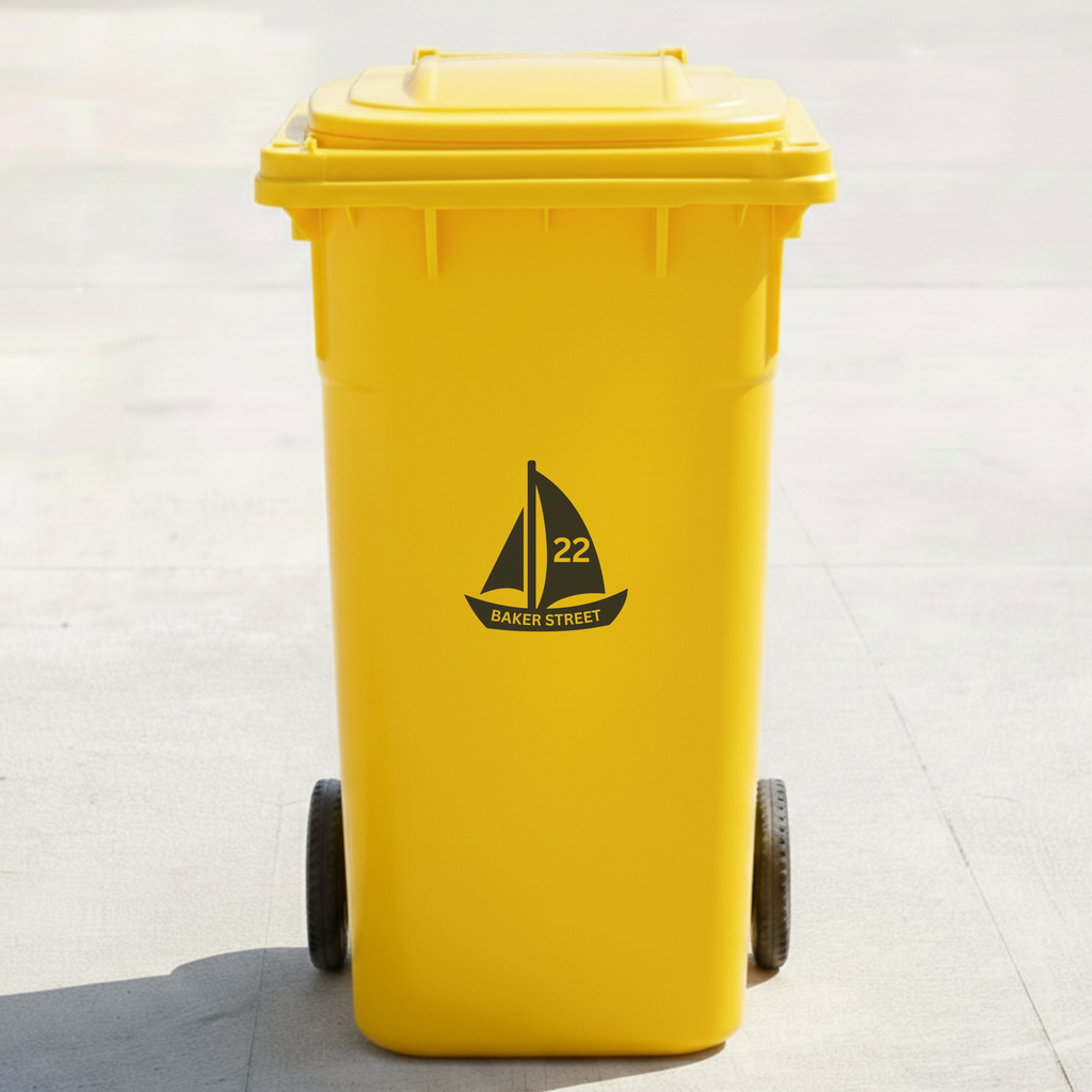 Sailboat Bin Decal Sticker with Personalised House Number & Street Name