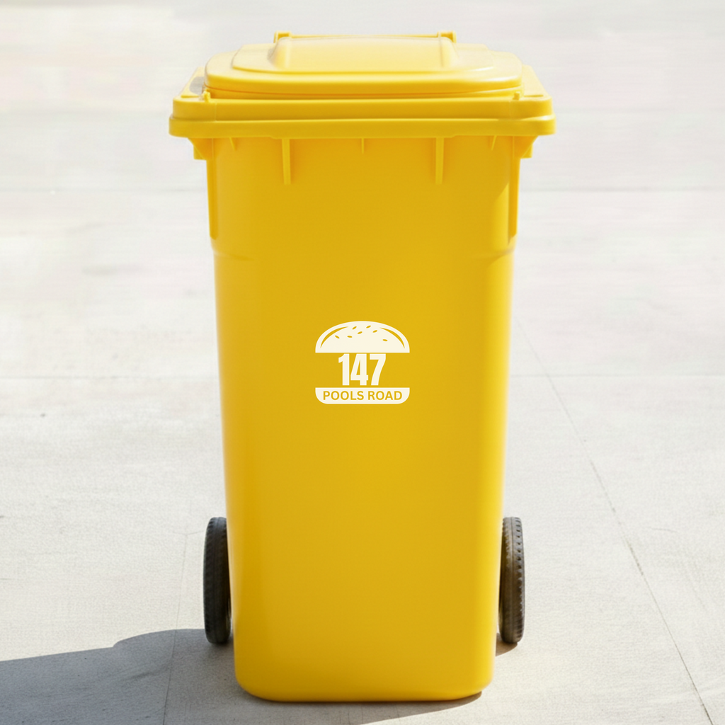 Hamburger Bin Decal Sticker with Personalised House Number & Street Name