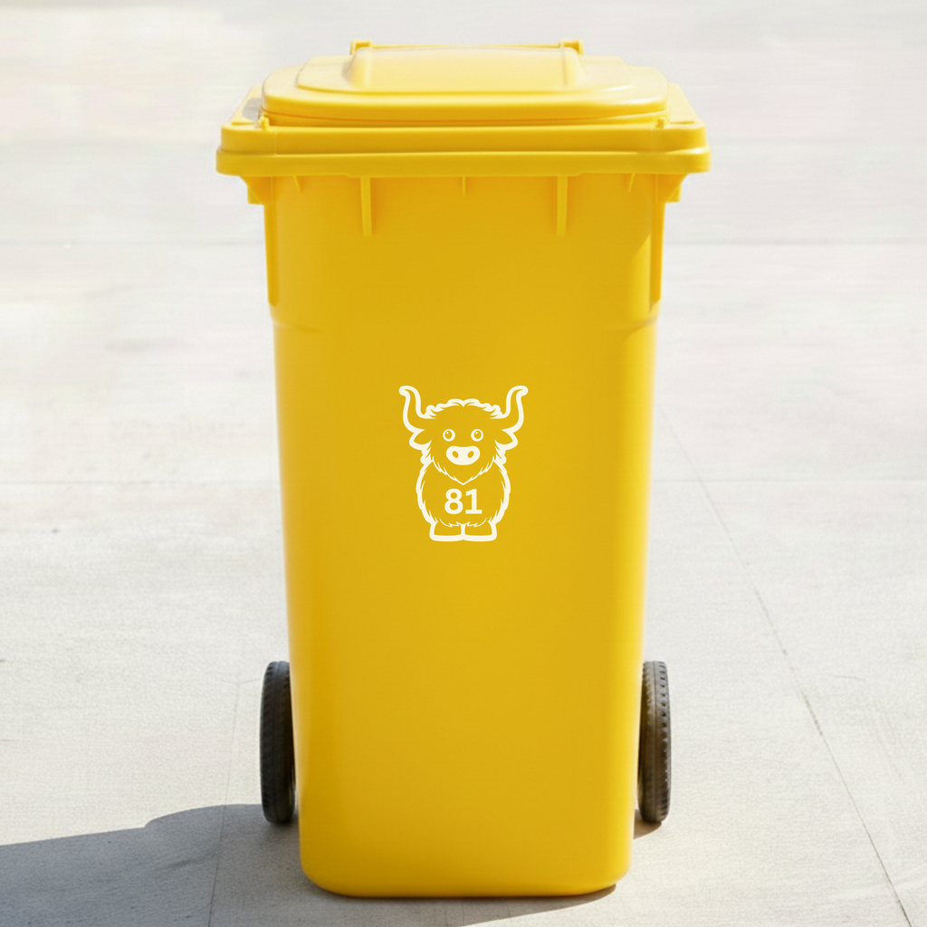 Highland Cow Bin Decal Sticker with Personalised House Number