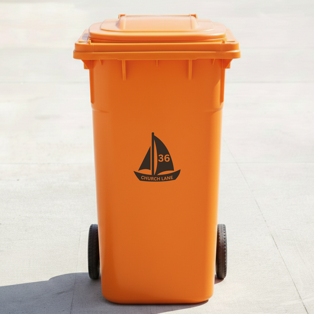 Sailboat Bin Decal Sticker with Personalised House Number & Street Name