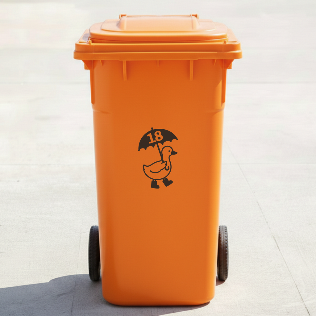 Umbrella Duck Bin Decal Sticker with Personalised House Number