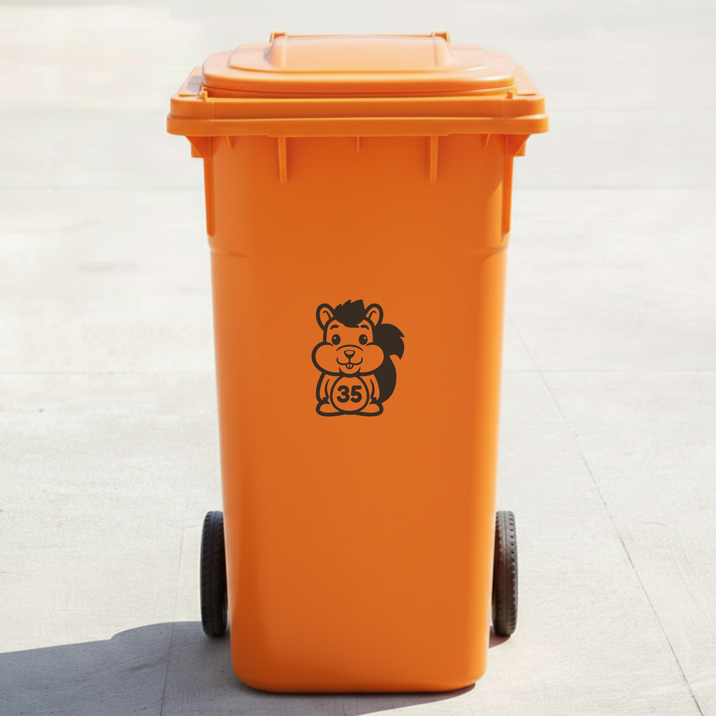 Squirrel Bin Decal Sticker with Personalised House Number