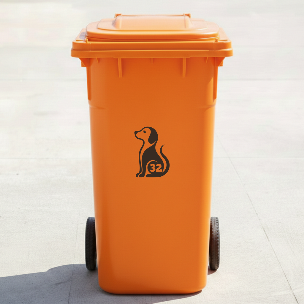 Sitting Dog Bin Decal Sticker with Personalised House Number