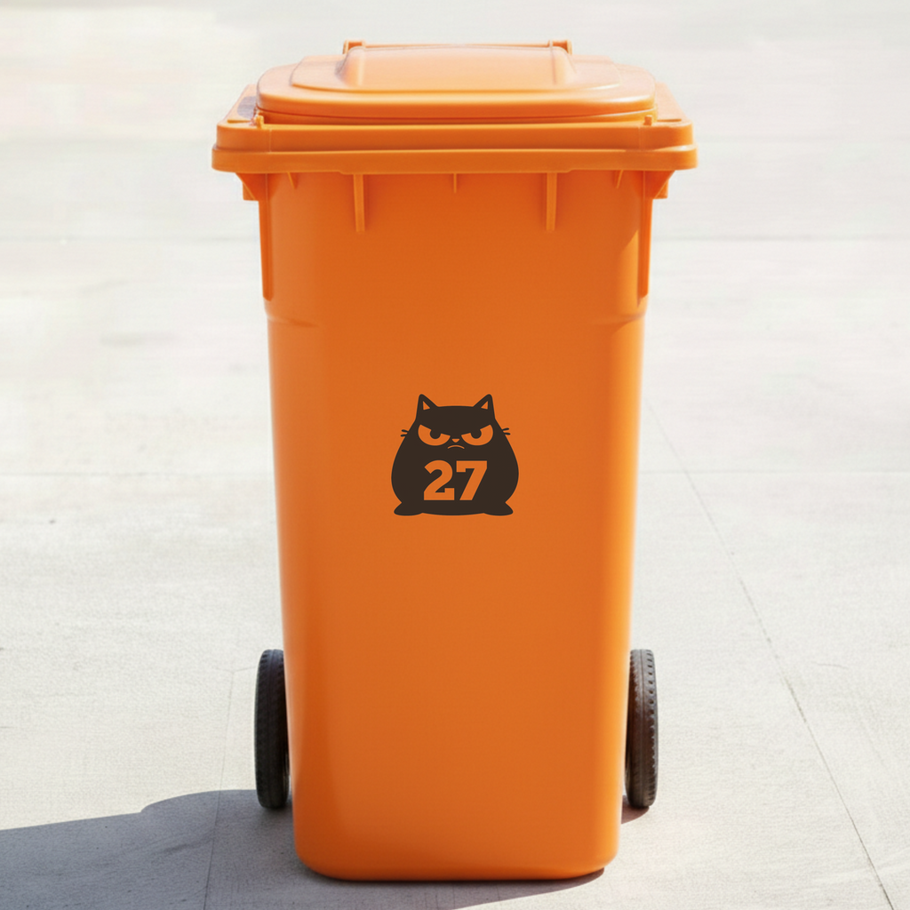 Angry Cat Bin Decal Sticker with Personalised House Number