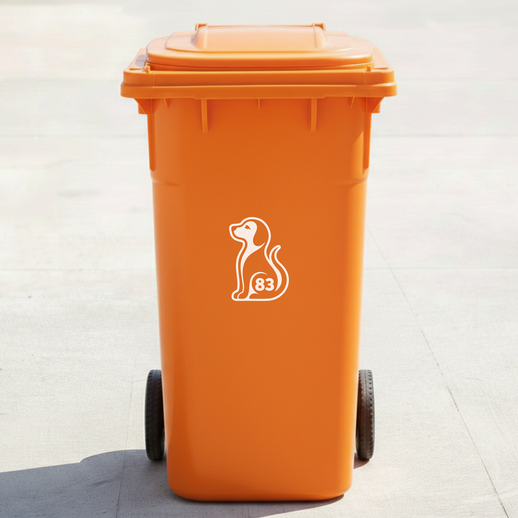 Sitting Dog Bin Decal Sticker with Personalised House Number