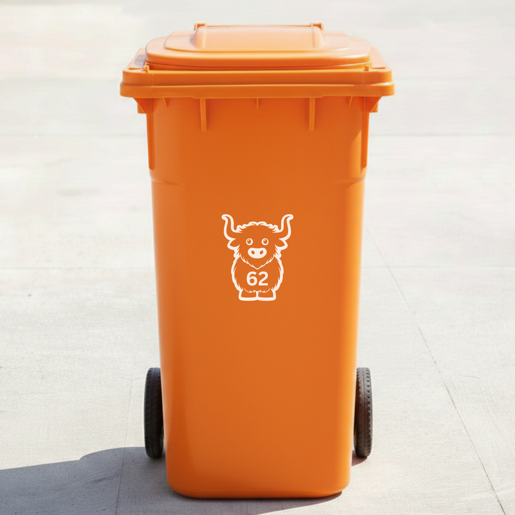 Highland Cow Bin Decal Sticker with Personalised House Number