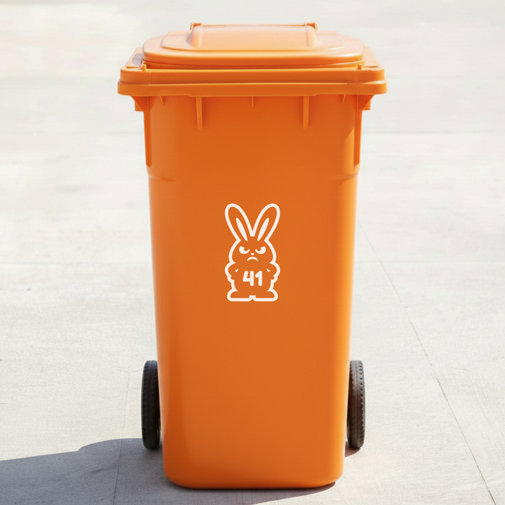 Angry Rabbit Bin Decal Sticker with Personalised House Number