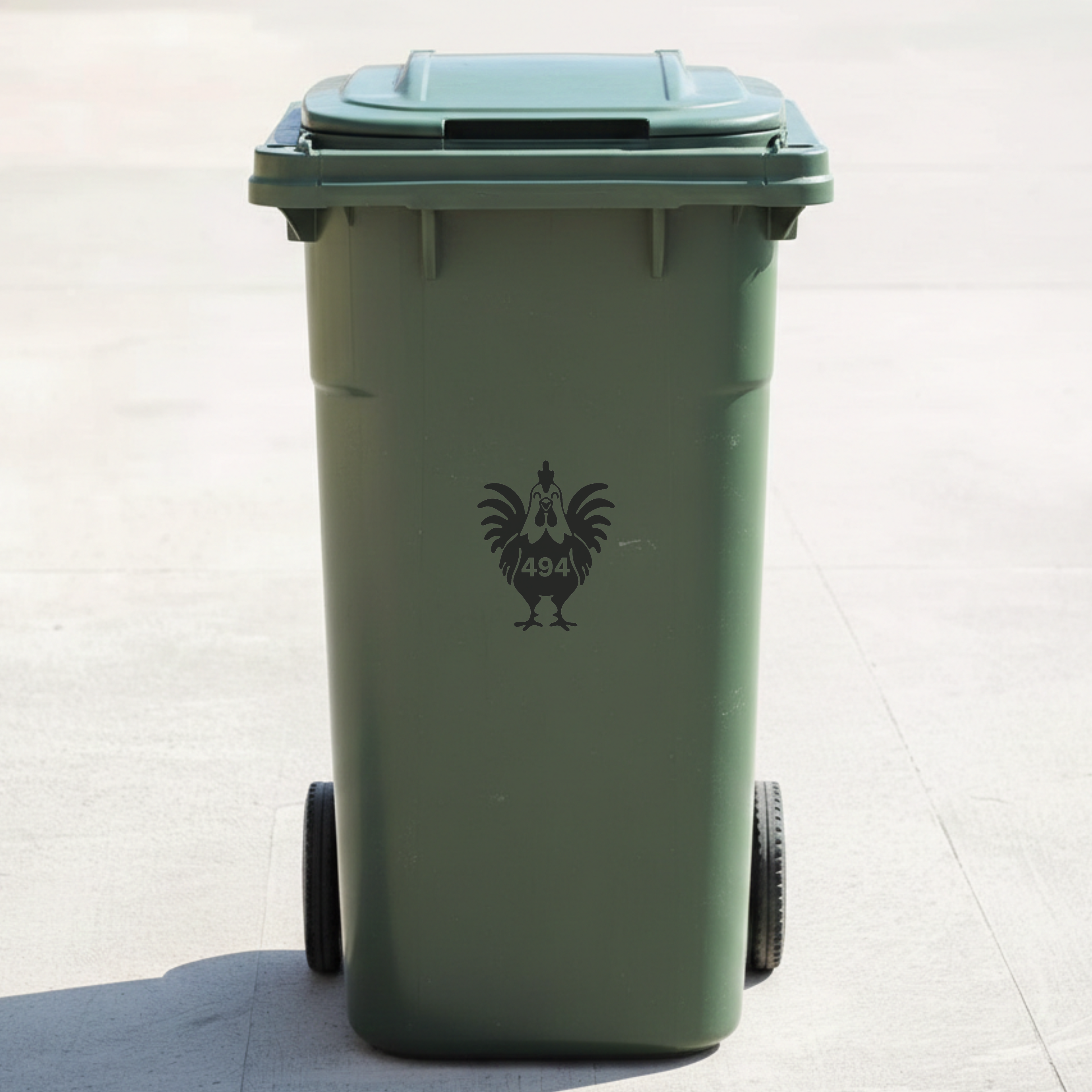 Rooster Bin Decal Sticker with Personalised House Number