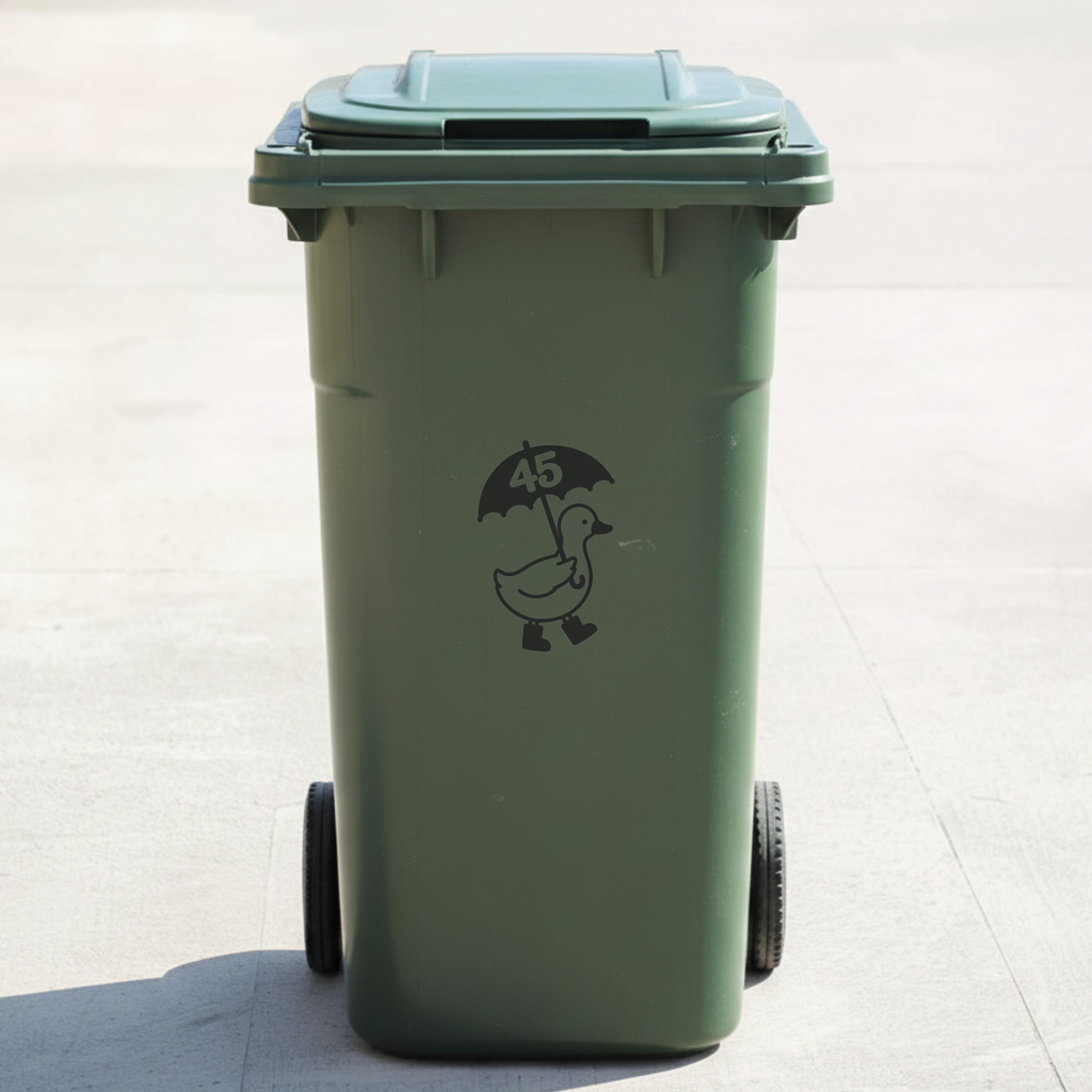 Umbrella Duck Bin Decal Sticker with Personalised House Number