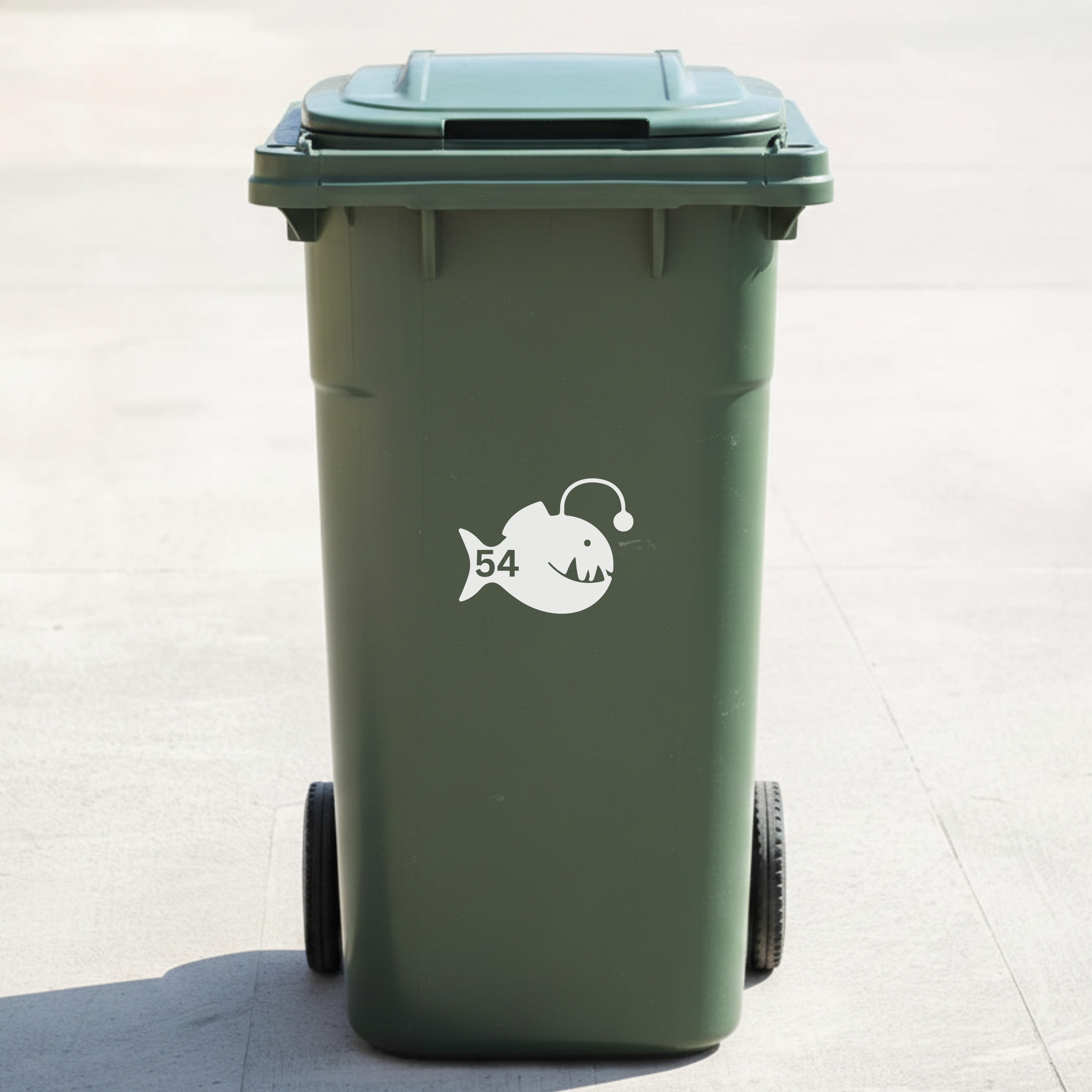 Anglerfish Bin Decal Sticker with Personalised House Number