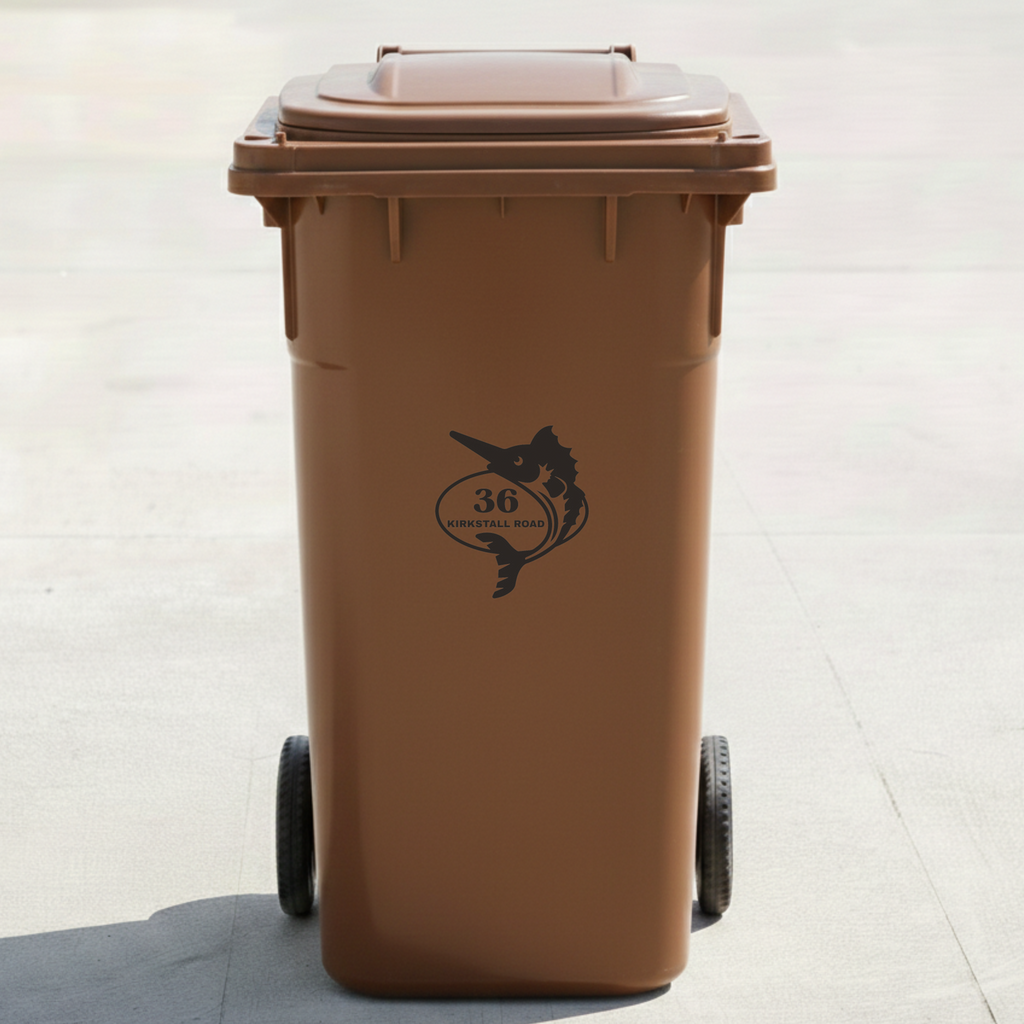 Marlin Fish Bin Decal Sticker with Personalised House Number