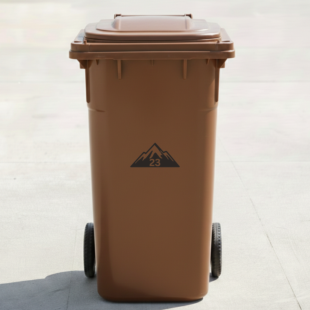 Mountain Adventure Bin Decal Sticker with Personalised House Number