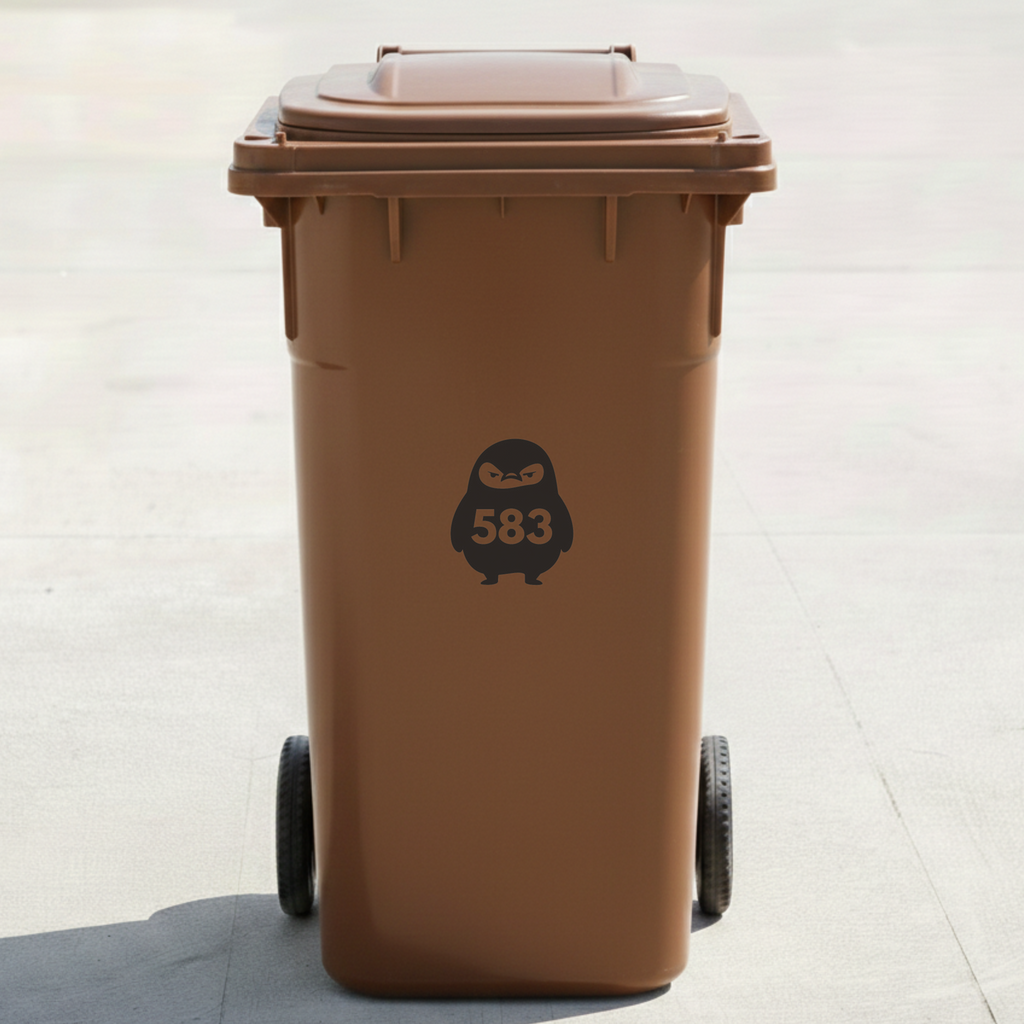 Angry Penguin Bin Decal Sticker with Personalised House Number