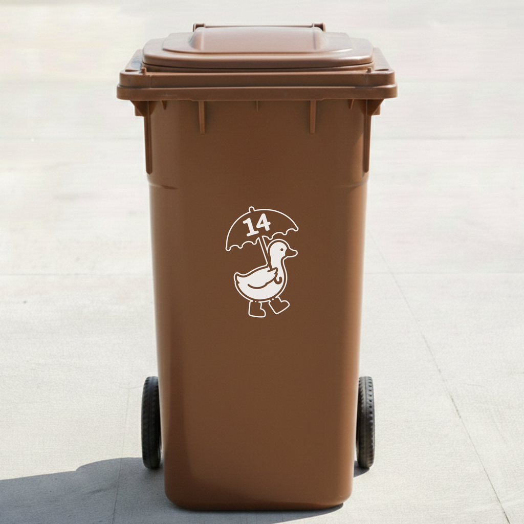 Umbrella Duck Bin Decal Sticker with Personalised House Number