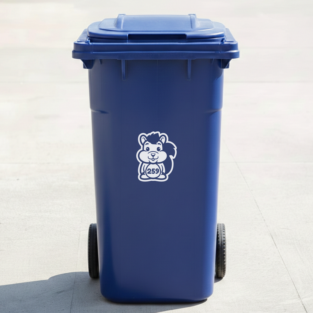 Squirrel Bin Decal Sticker with Personalised House Number
