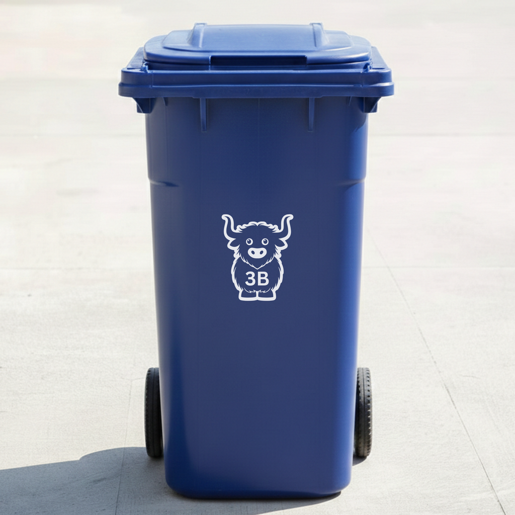 Highland Cow Bin Decal Sticker with Personalised House Number