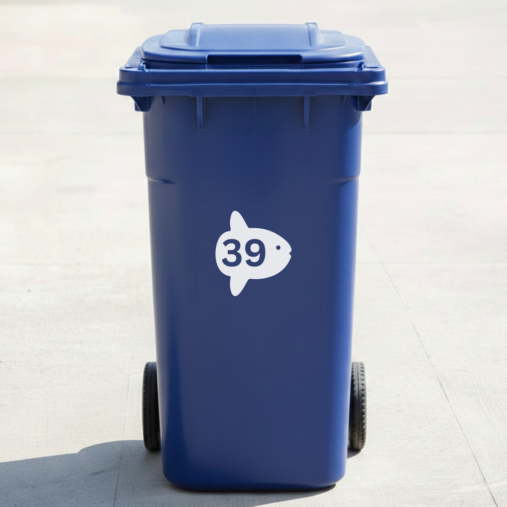 Ocean Sunfish (Mola Mola) Bin Decal Sticker with Personalised House Number