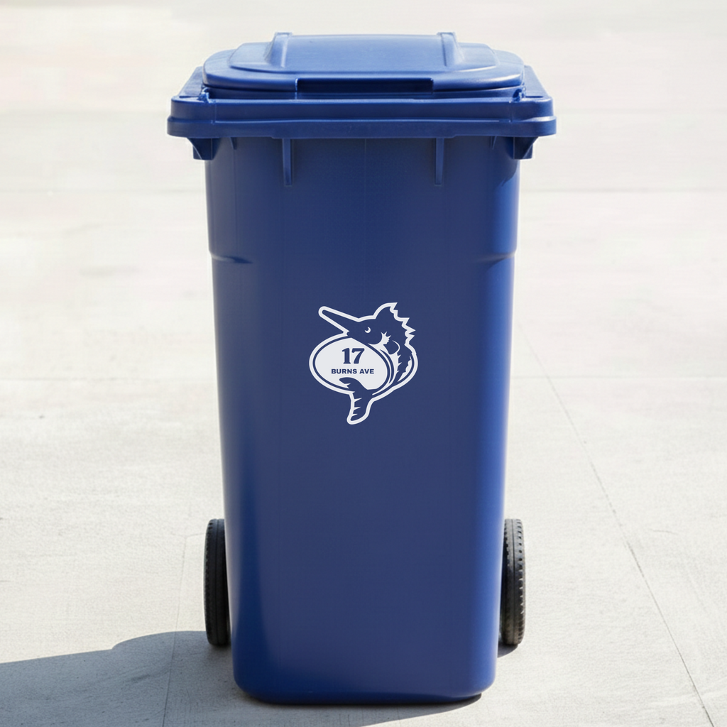Marlin Fish Bin Decal Sticker with Personalised House Number