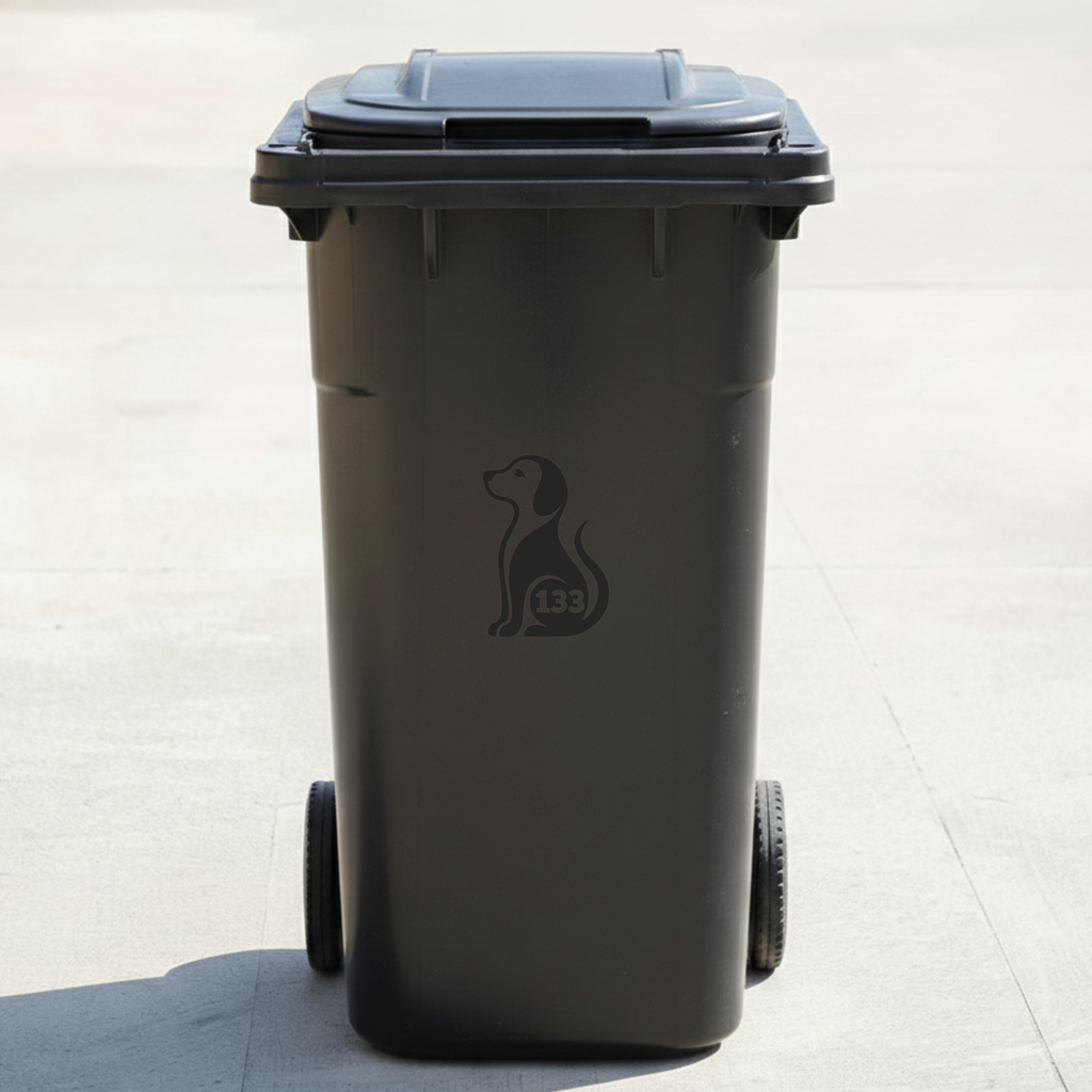 Sitting Dog Bin Decal Sticker with Personalised House Number