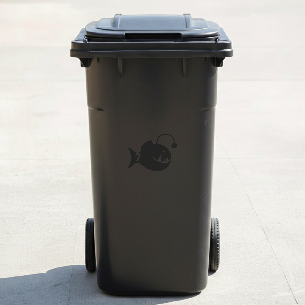 Anglerfish Bin Decal Sticker with Personalised House Number
