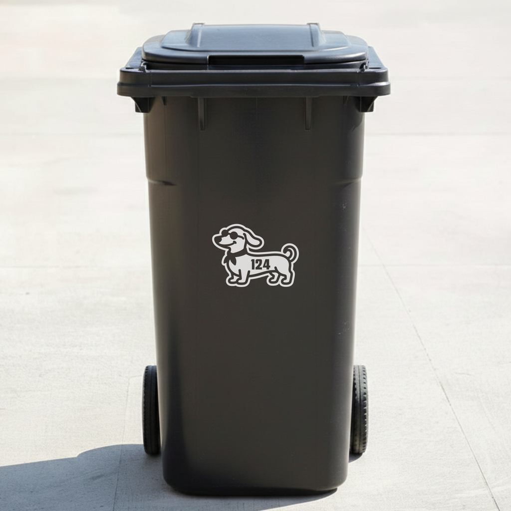 Dachshund Dog Bin Decal Sticker with Personalised House Number