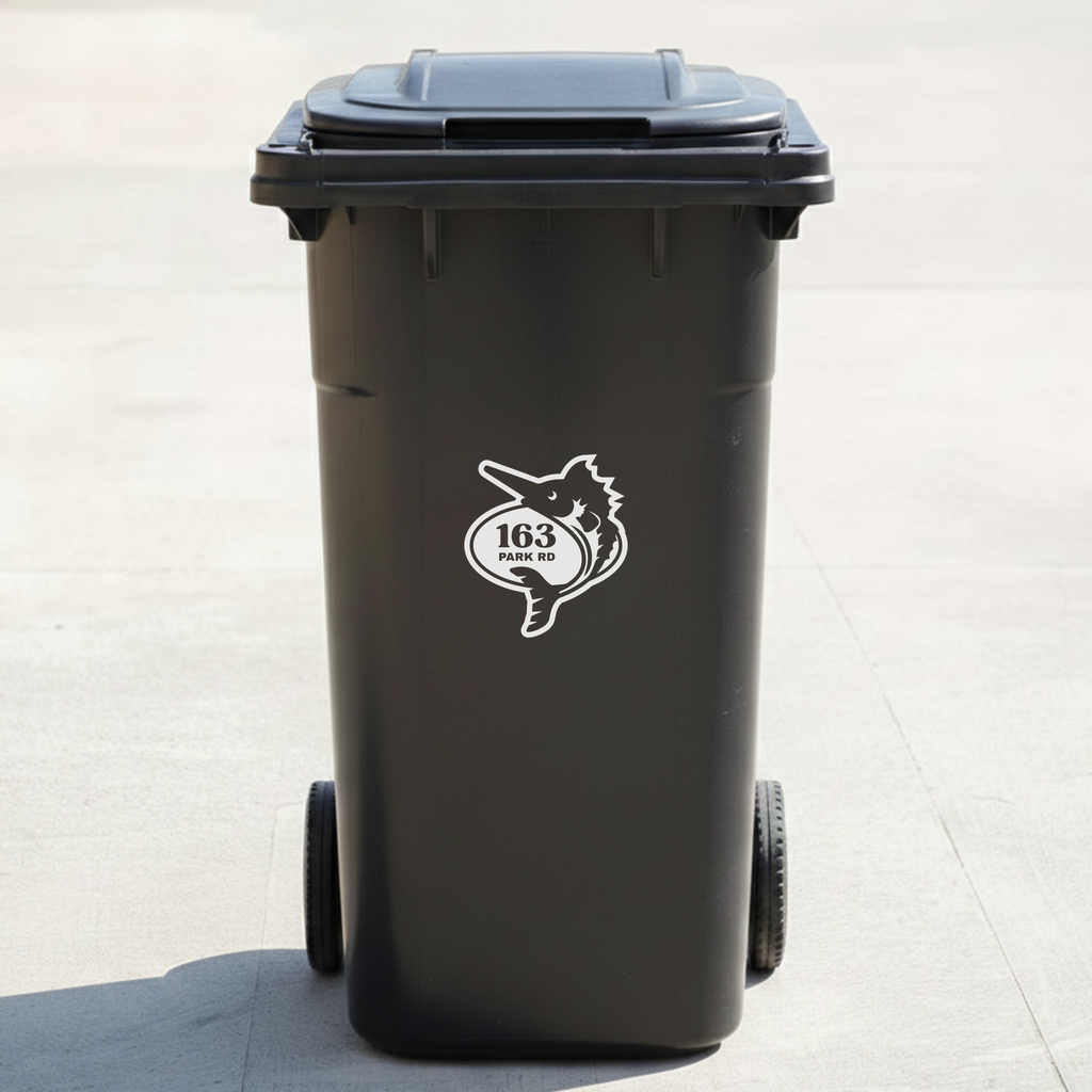 Marlin Fish Bin Decal Sticker with Personalised House Number