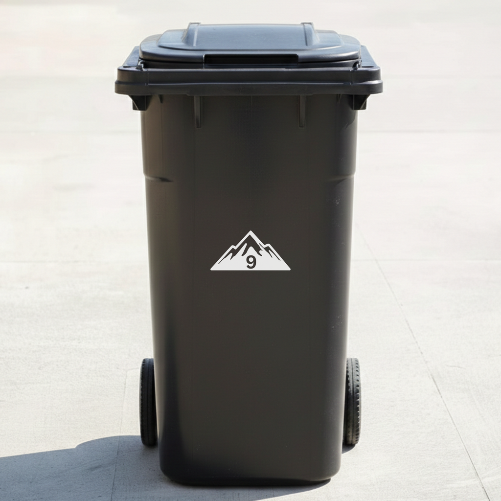 Mountain Adventure Bin Decal Sticker with Personalised House Number