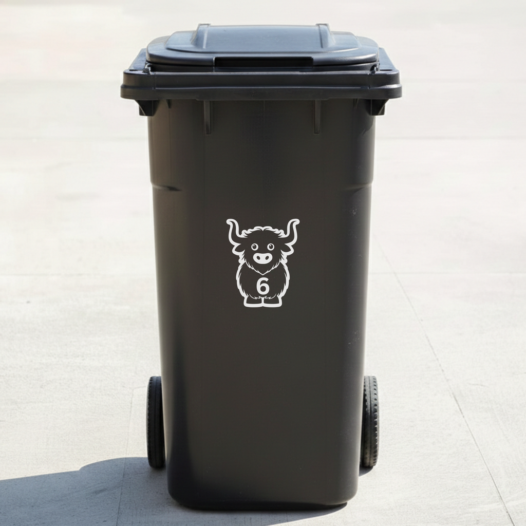 Highland Cow Bin Decal Sticker with Personalised House Number