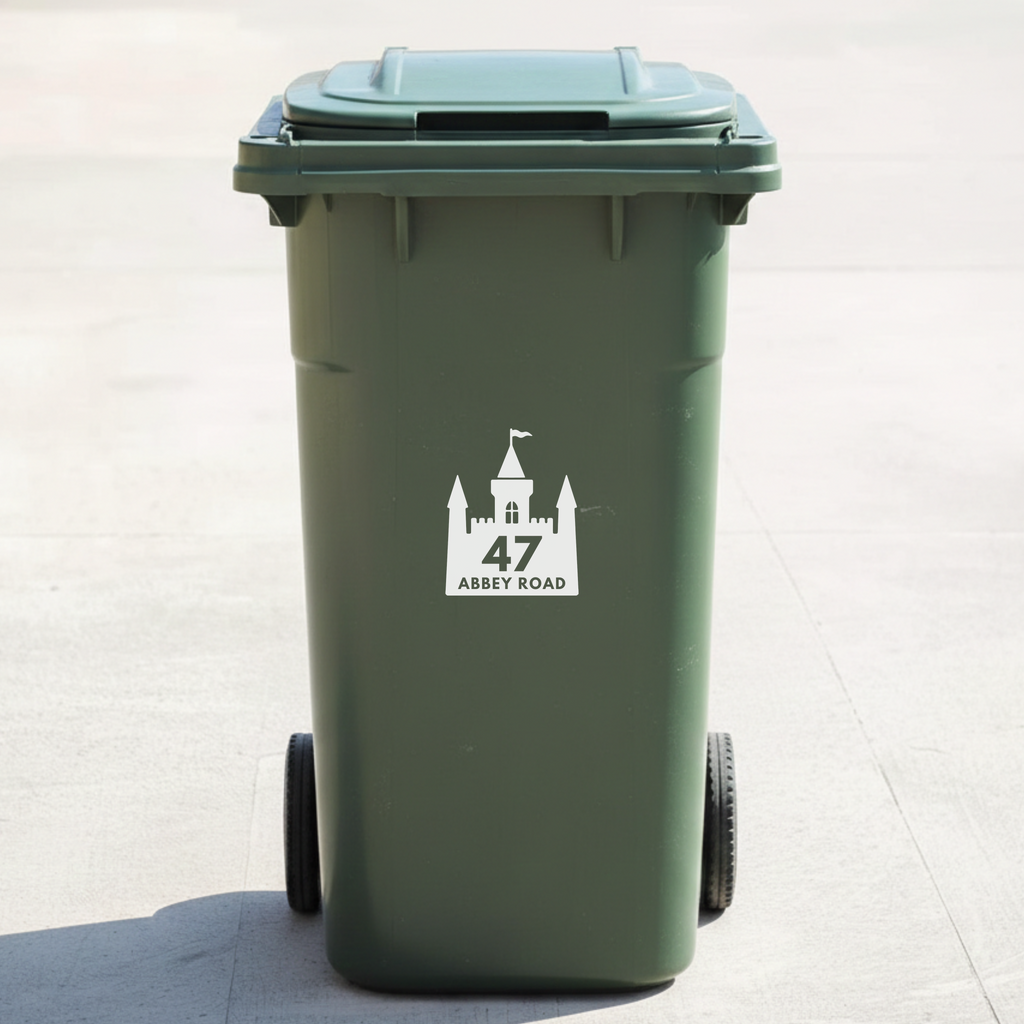 Castle Bin Decal Sticker with Personalised House Number