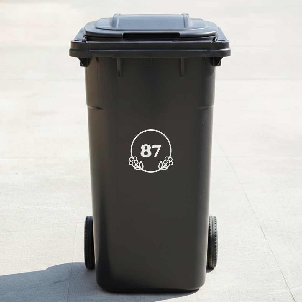 Floral Frame Bin Decal Sticker with Personalised House Number